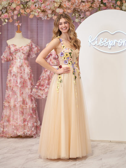 Vestido de fiesta midi con corsé en forma de A y flores 3D