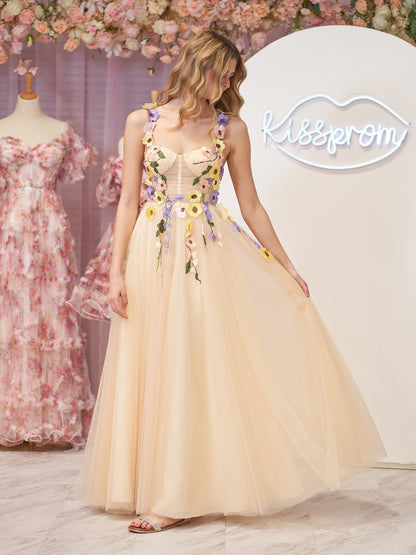 Vestido de fiesta midi con corsé en forma de A y flores 3D