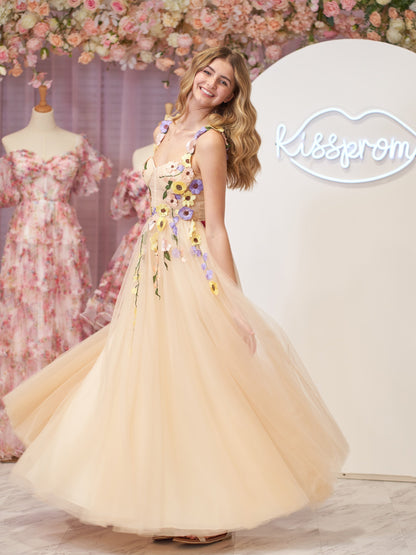 Vestido de fiesta midi con corsé en forma de A y flores 3D