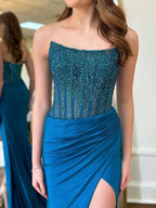 Cosmo | Vestidos Longos de Baile em Cetim Azul com Decote Redondo Estilo Sereia