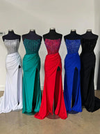 Cosmo | Vestidos Longos de Baile em Cetim Azul com Decote Redondo Estilo Sereia