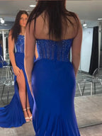 Cosmo | Vestidos Longos de Baile em Cetim Azul com Decote Redondo Estilo Sereia