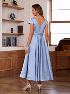 V Neck A Line Princess Short Sleeve Dress With Pockets And Ruffles For Mother Of The Bride