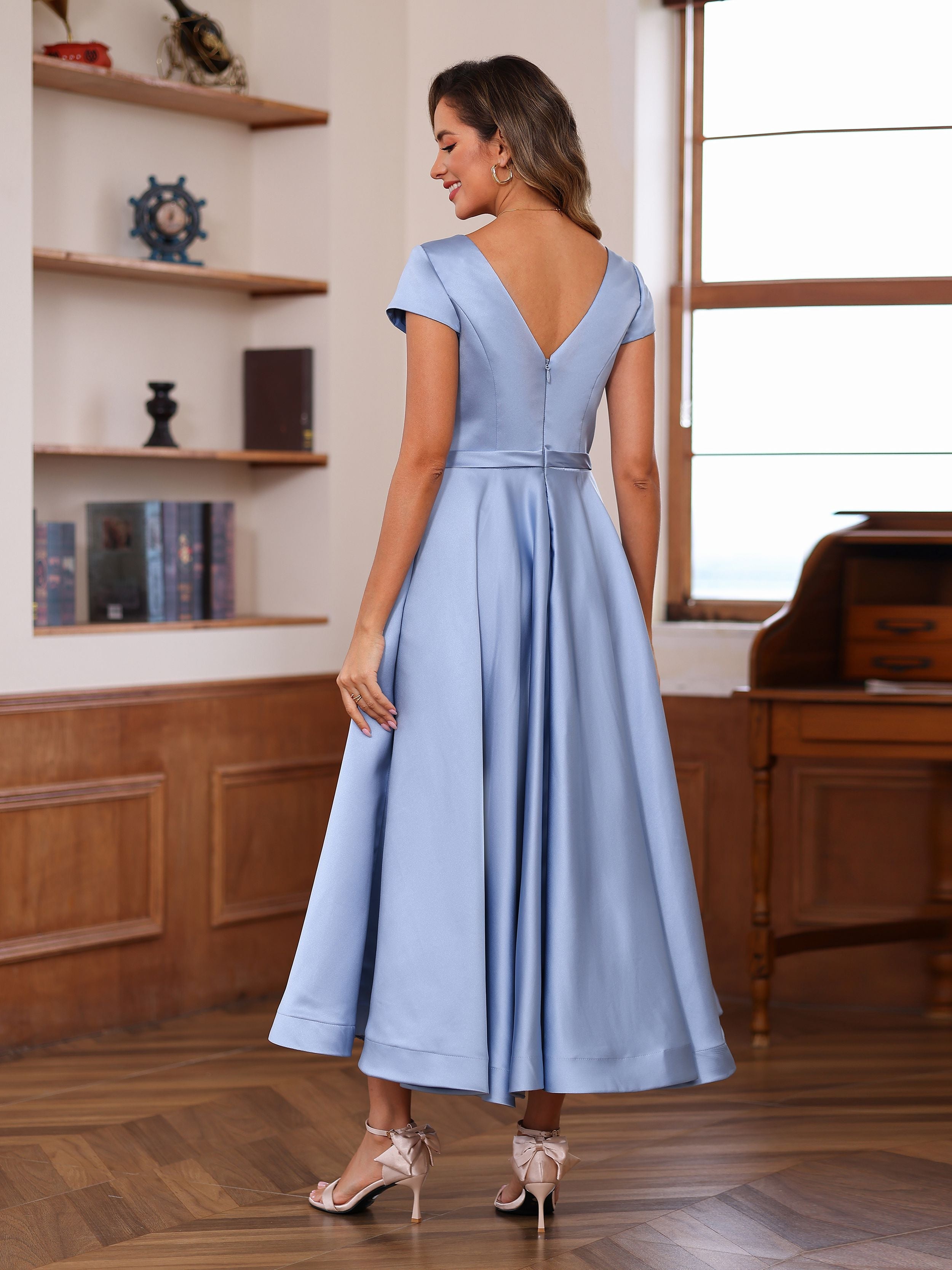V Neck A Line Princess Short Sleeve Dress With Pockets And Ruffles For Mother Of The Bride