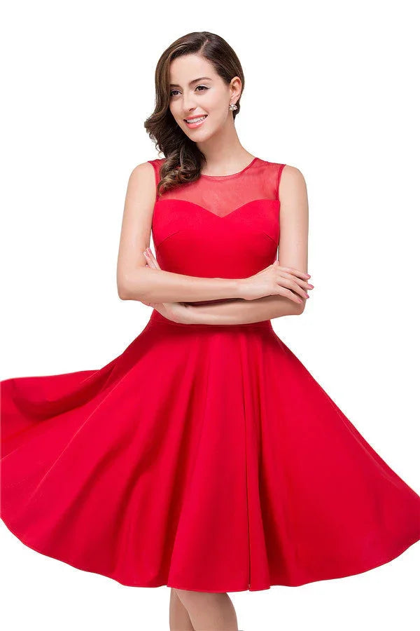 Robes de demoiselle d'honneur rouges, ligne A, longueur genou, col rond