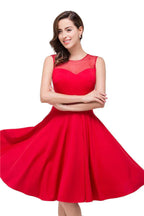 Robes de demoiselle d'honneur rouges, ligne A, longueur genou, col rond