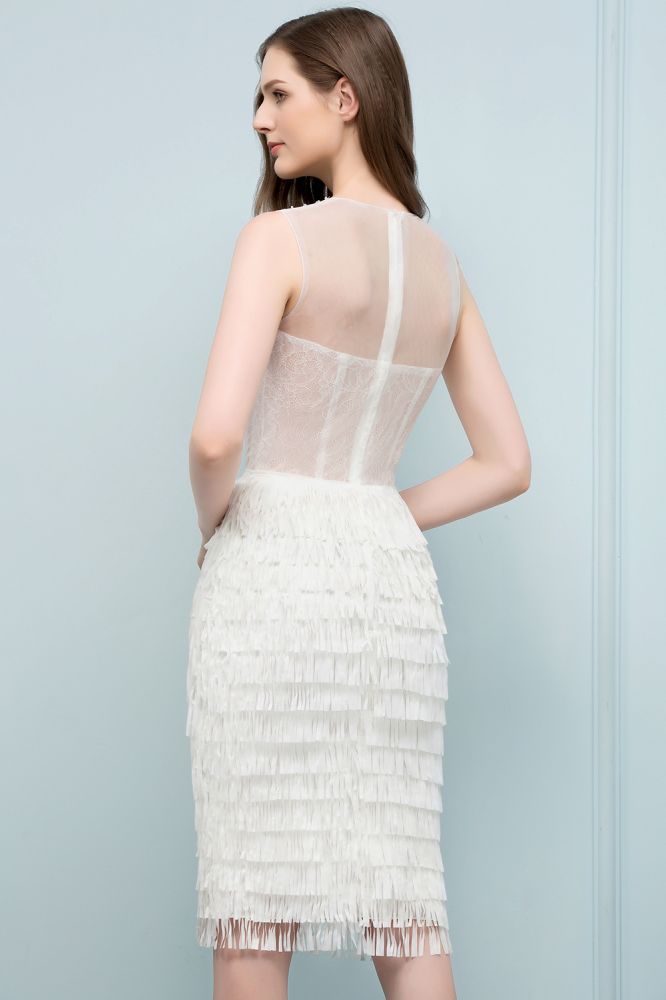 Crew Knee Length Mermaid Sleeveless Prom Dresses with Tassels