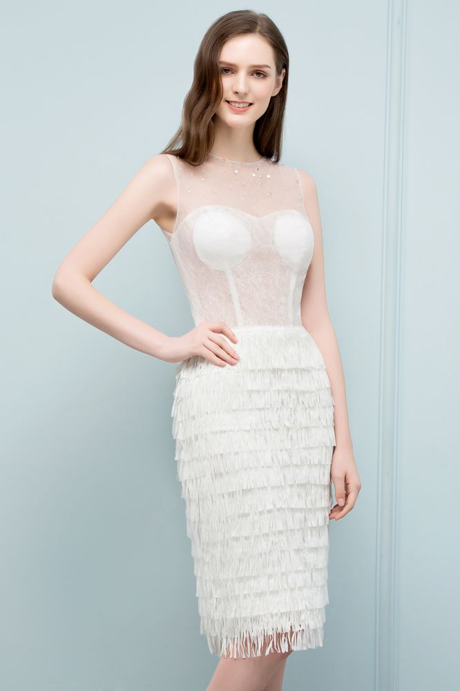 Robes de bal sirène sans manches longueur genou avec franges col rond