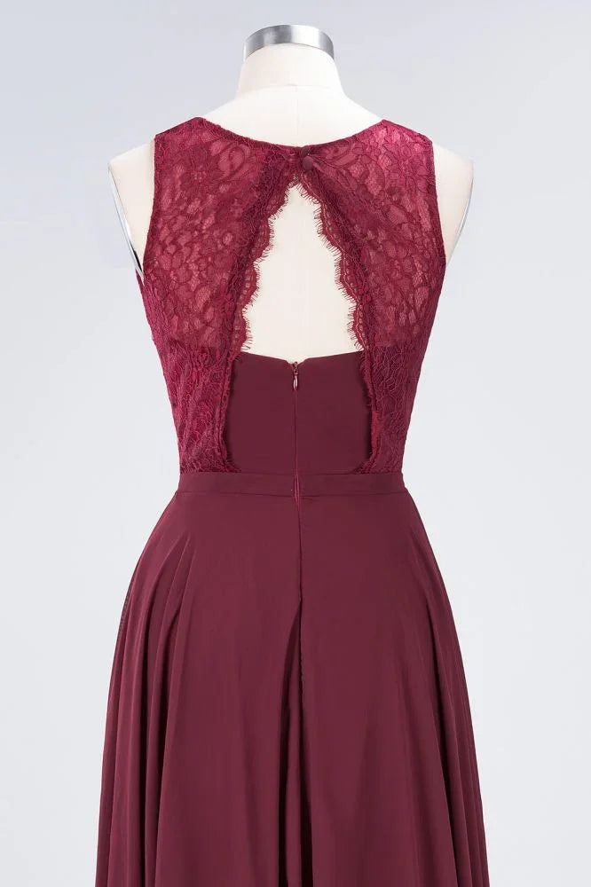 Vestido de noite comprido até ao chão com renda floral e decote redondo, cor borgonha, para dama de honor