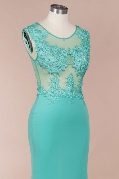 Vestido largo de noche de sirena de gasa con apliques de encaje y cuello redondo, vestido formal sin mangas