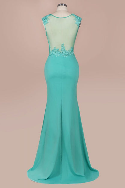 Vestido largo de noche de sirena de gasa con apliques de encaje y cuello redondo, vestido formal sin mangas
