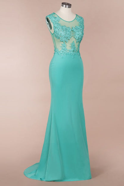 Vestido largo de noche de sirena de gasa con apliques de encaje y cuello redondo, vestido formal sin mangas