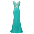 Crew Neck Lace Appliques Chiffon Mermaid Evening Maxi Dress Sleeveless Formal Dress