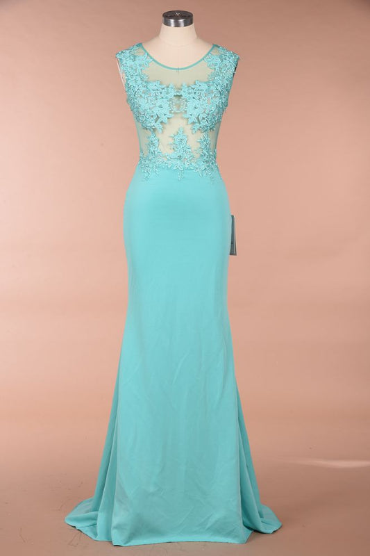 Rundhalsausschnitt, Spitzenapplikationen, Chiffon, Meerjungfrau-Abend-Maxikleid, ärmellos, formelles Kleid