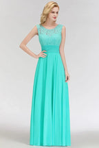 Vestido Formal Alinhado de Dama de Honra em Chiffon sem Mangas com Renda e Decote Redondo