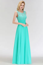Vestido Formal Alinhado de Dama de Honra em Chiffon sem Mangas com Renda e Decote Redondo