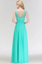 Vestido Formal Alinhado de Dama de Honra em Chiffon sem Mangas com Renda e Decote Redondo