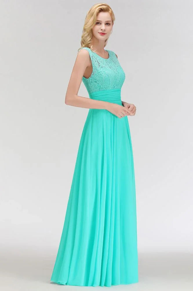 Vestido Formal Alinhado de Dama de Honra em Chiffon sem Mangas com Renda e Decote Redondo