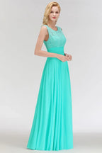 Vestido Formal Alinhado de Dama de Honra em Chiffon sem Mangas com Renda e Decote Redondo