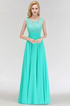 Vestido Formal Alinhado de Dama de Honra em Chiffon sem Mangas com Renda e Decote Redondo
