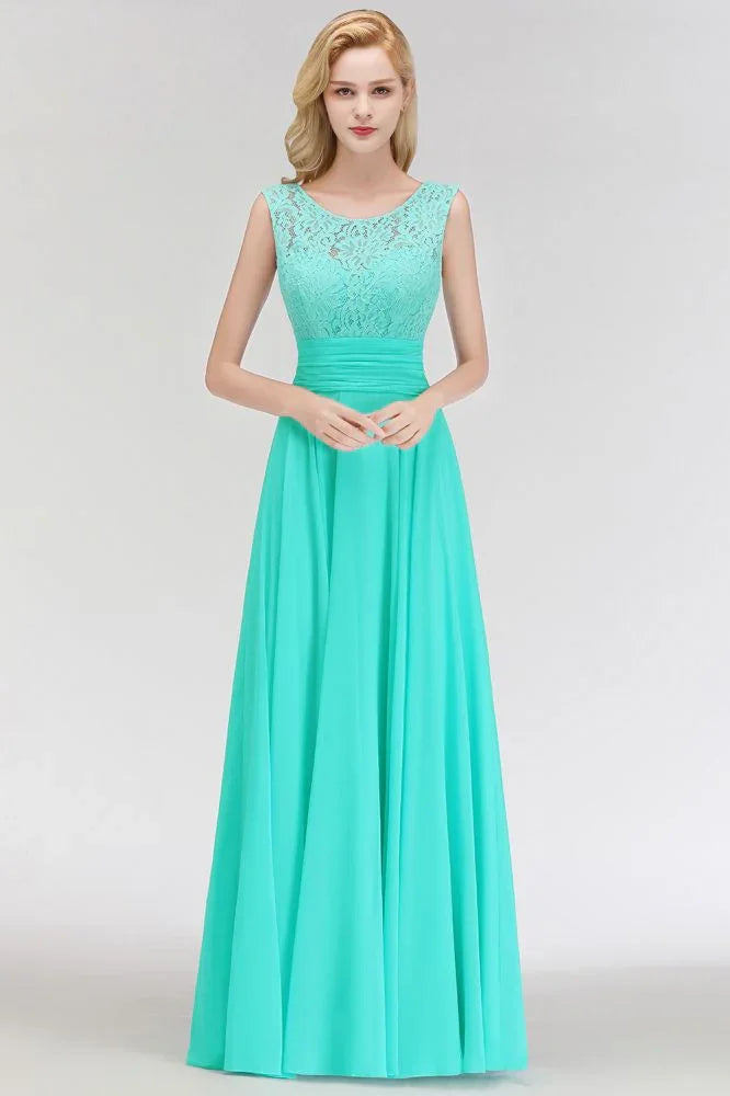 Vestido Formal Alinhado de Dama de Honra em Chiffon sem Mangas com Renda e Decote Redondo