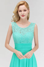 Vestido Formal Alinhado de Dama de Honra em Chiffon sem Mangas com Renda e Decote Redondo