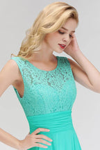 Vestido Formal Alinhado de Dama de Honra em Chiffon sem Mangas com Renda e Decote Redondo