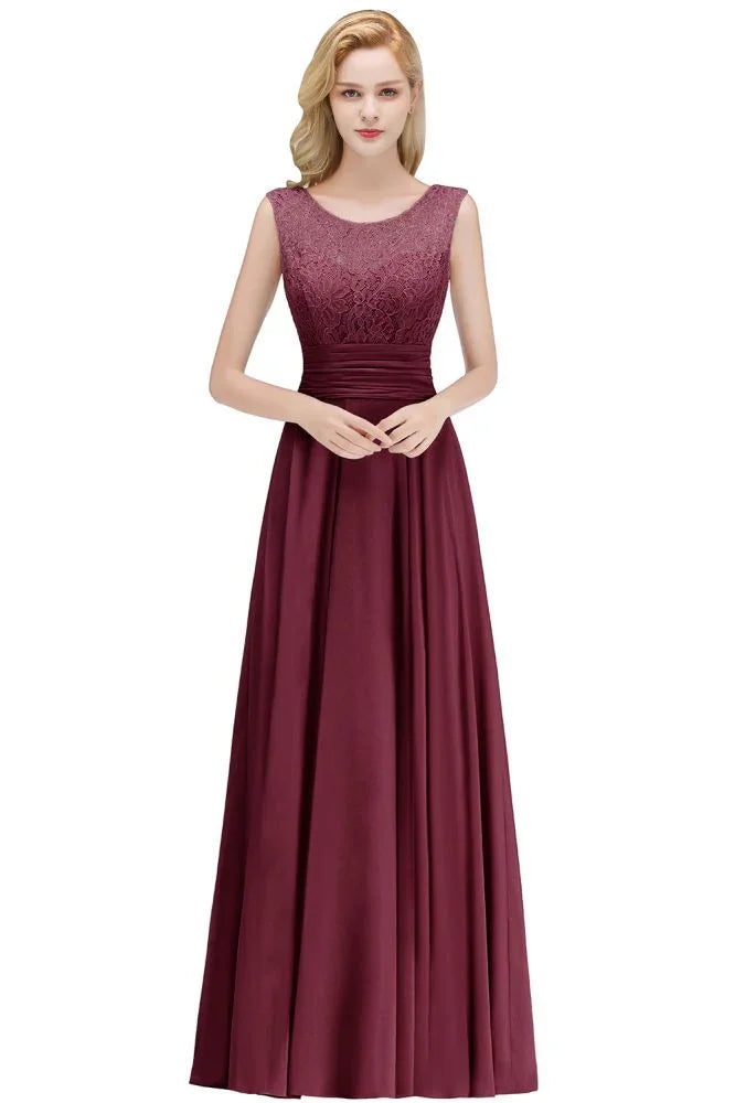 Vestido Formal Alinhado de Dama de Honra em Chiffon sem Mangas com Renda e Decote Redondo