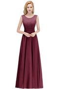 Vestido Formal Alinhado de Dama de Honra em Chiffon sem Mangas com Renda e Decote Redondo