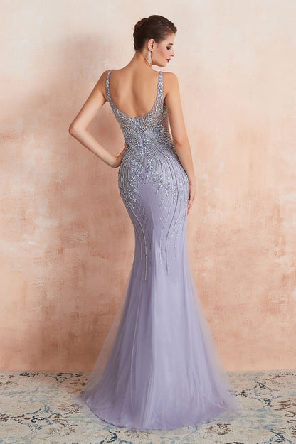 Vestido de fiesta de sirena con cuello redondo, sin mangas y cuentas, vestido de noche largo