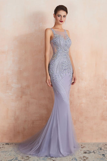 Vestido de fiesta de sirena con cuello redondo, sin mangas y cuentas, vestido de noche largo