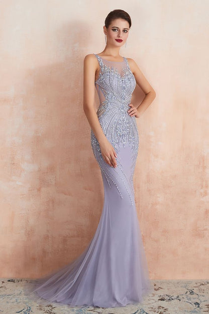 Vestido de fiesta de sirena con cuello redondo, sin mangas y cuentas, vestido de noche largo