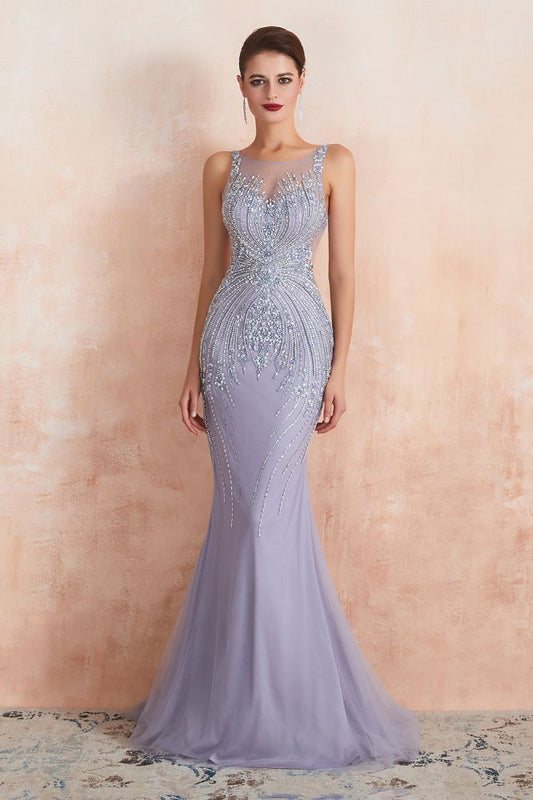 Vestido de fiesta de sirena con cuello redondo, sin mangas y cuentas, vestido de noche largo