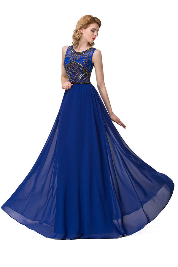 Abiti formali in chiffon con scollo tondo, linea a trapezio e paillettes