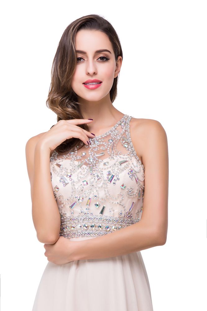 Abito da sera in chiffon a linea ad A con gioielli di cristallo