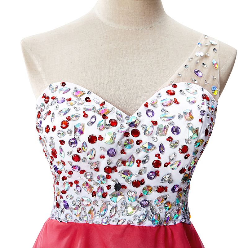 Abito da festa in chiffon a linea ad A con una spalla e cristalli