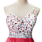 Abito da festa in chiffon a linea ad A con una spalla e cristalli