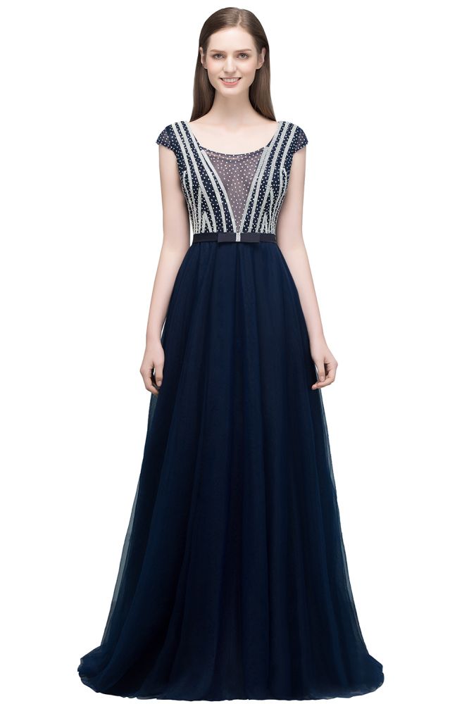Vestidos de cerimónia com tule bordado a cristal, corte evasê, comprimento até ao chão, mangas curtas tipo capa e faixa na cintura