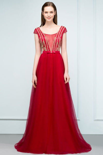 Crystal Beading Tulle A-line Floor Length Cap Sleeves Prom Dresses with Sash