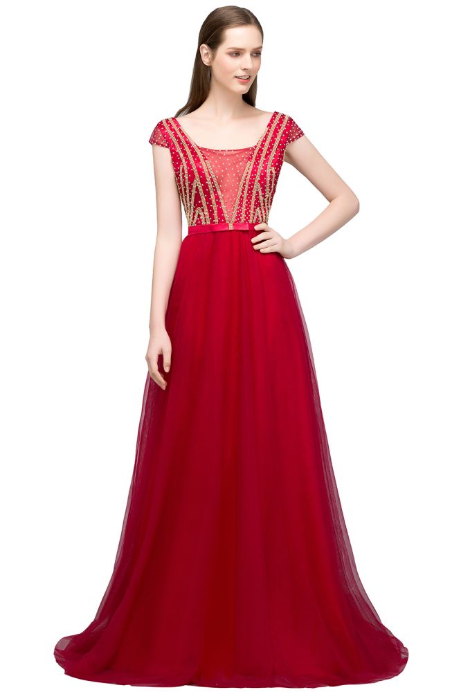Vestidos de cerimónia com tule bordado a cristal, corte evasê, comprimento até ao chão, mangas curtas tipo capa e faixa na cintura