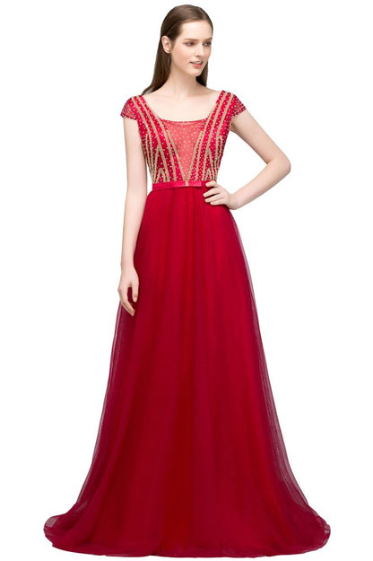 Crystal Beading Tulle A-line Floor Length Cap Sleeves Prom Dresses with Sash
