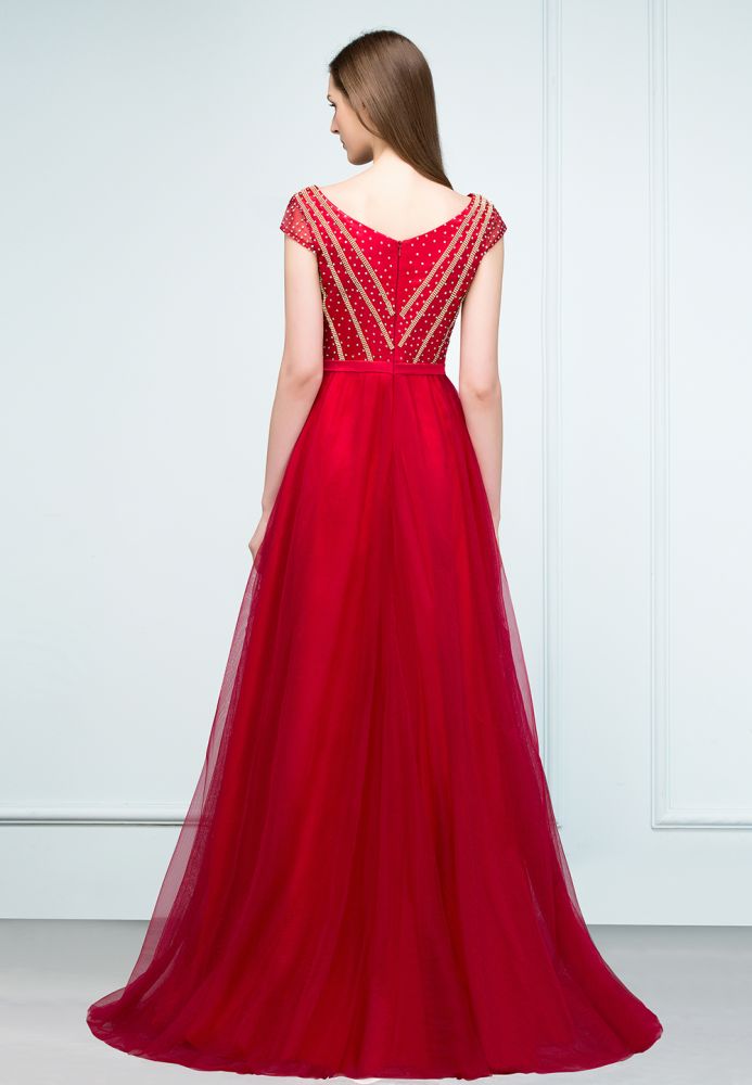 Crystal Beading Tulle A-line Floor Length Cap Sleeves Prom Dresses with Sash