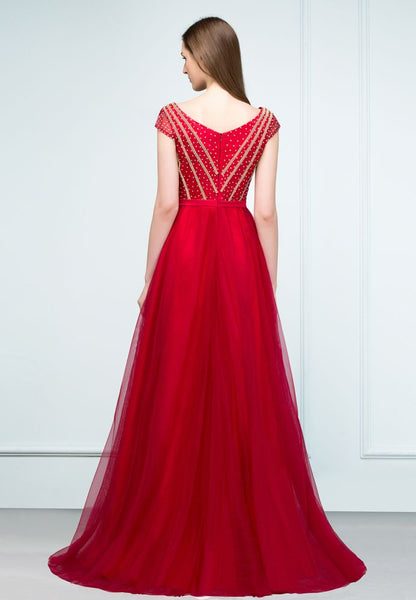 Crystal Beading Tulle A-line Floor Length Cap Sleeves Prom Dresses with Sash