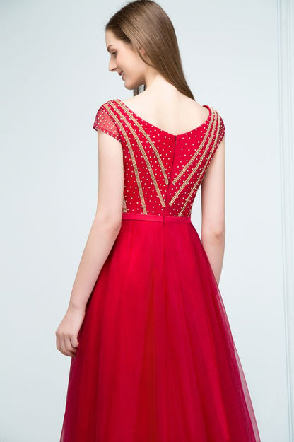 Crystal Beading Tulle A-line Floor Length Cap Sleeves Prom Dresses with Sash