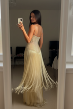 Spaghetti Straps Sleeveless Long Prom Dress Beading Tassel Custom Made