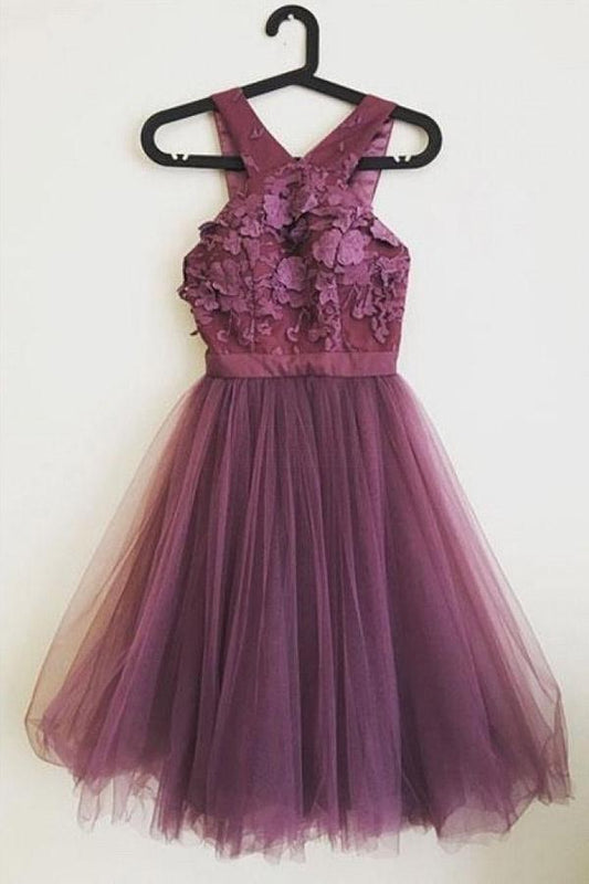 Lindos vestidos de fiesta de tul morado con apliques y corte en A