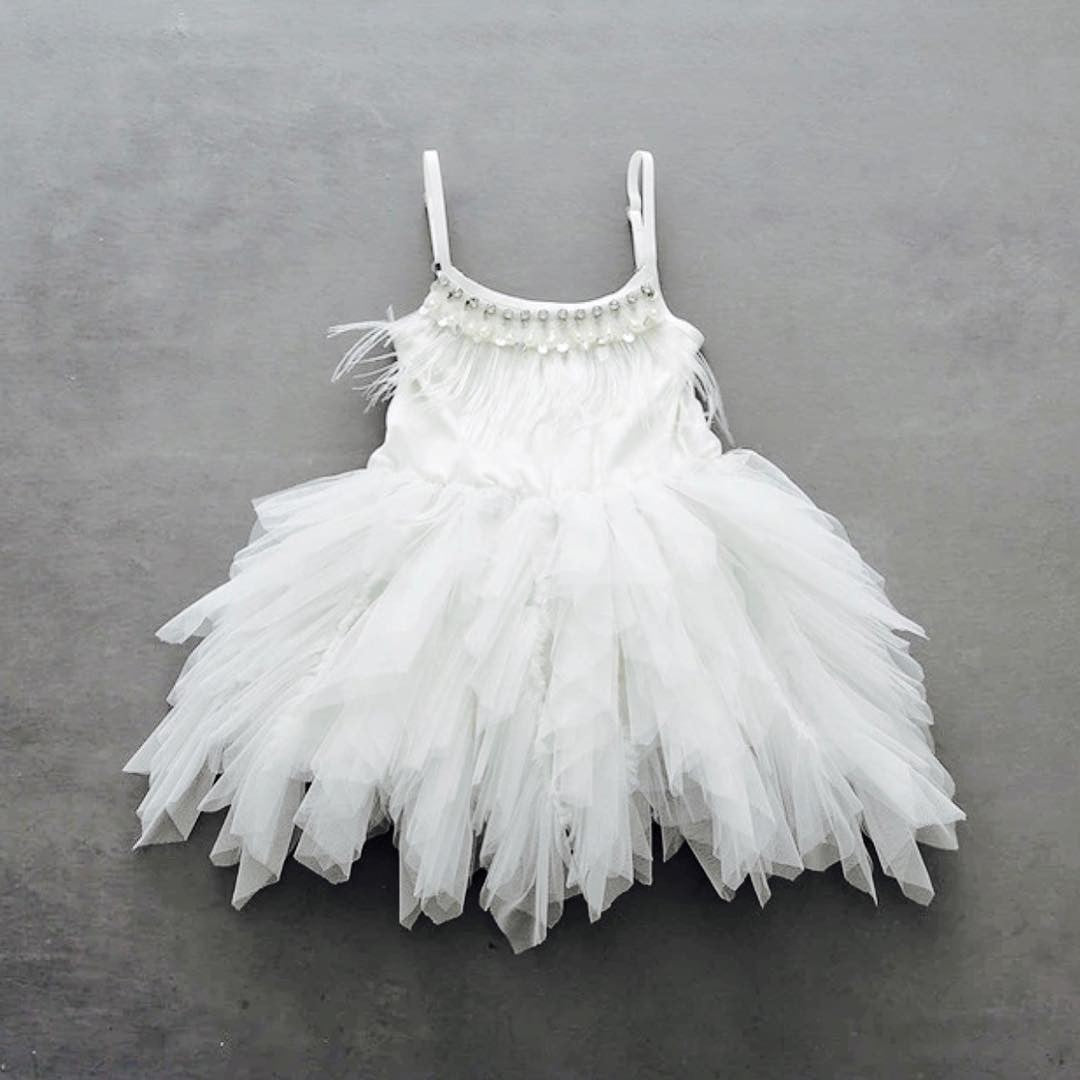 Cute A Line Tea Length Spaghetti Strap Feather Flower Girl Dresses In Colors