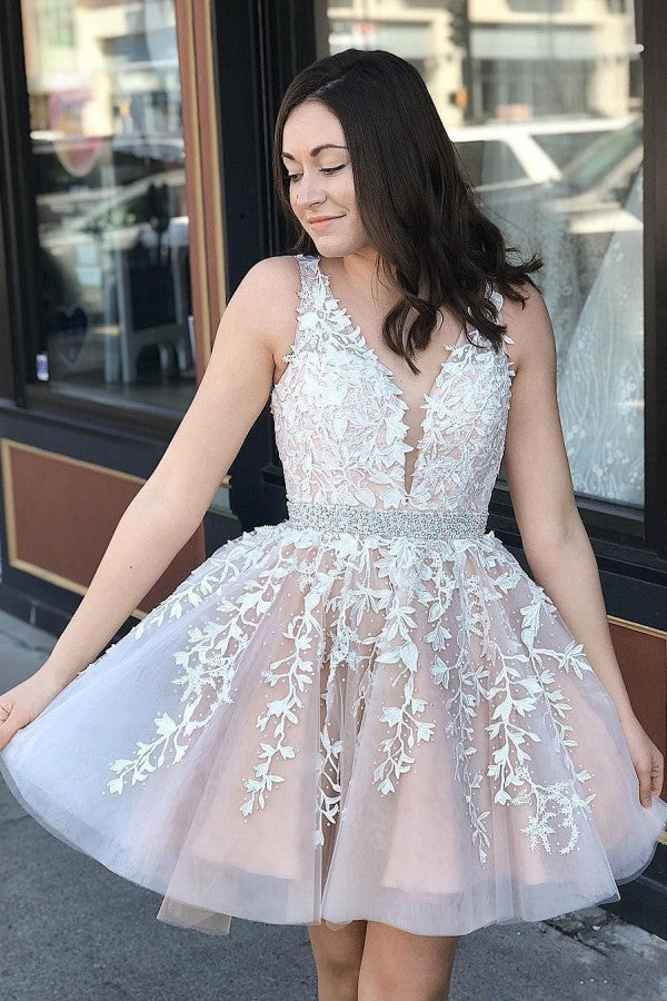 Lindos vestidos de fiesta cortos sin espalda, de tul, con encaje floral y escote en V en forma de A