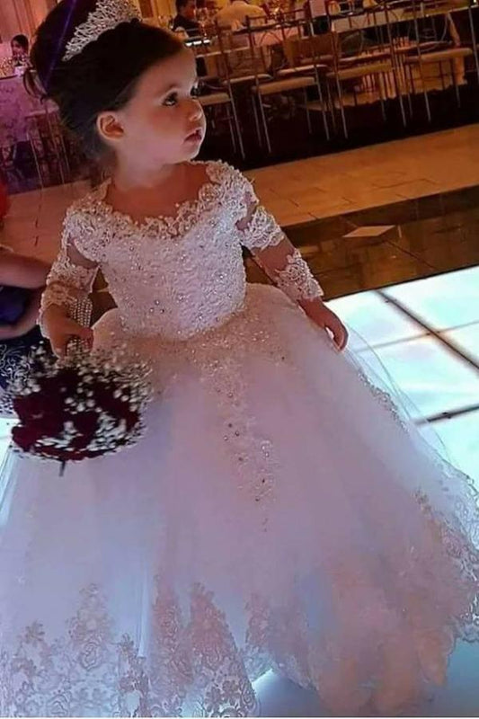 Vestido de baile fofo, mangas compridas, tule, vestido de menina de flor com apliques de renda