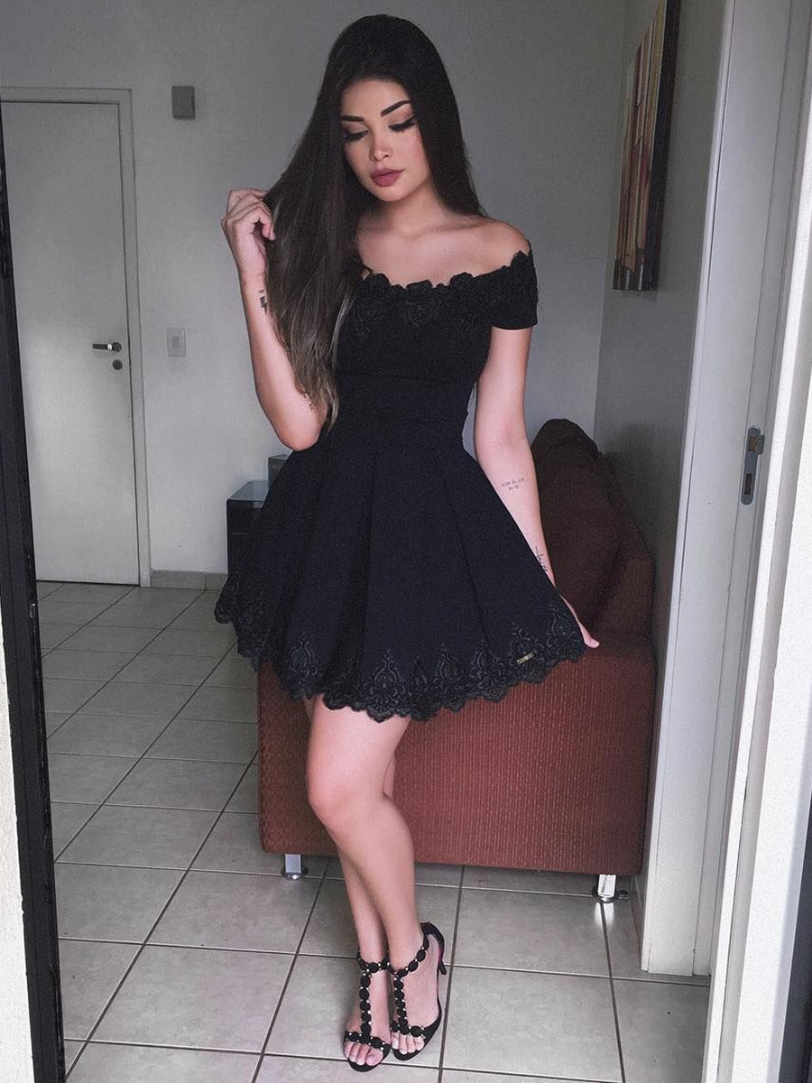 Cute Black Short A-line Off Shoulder Lace Prom Homecoming Dresses
